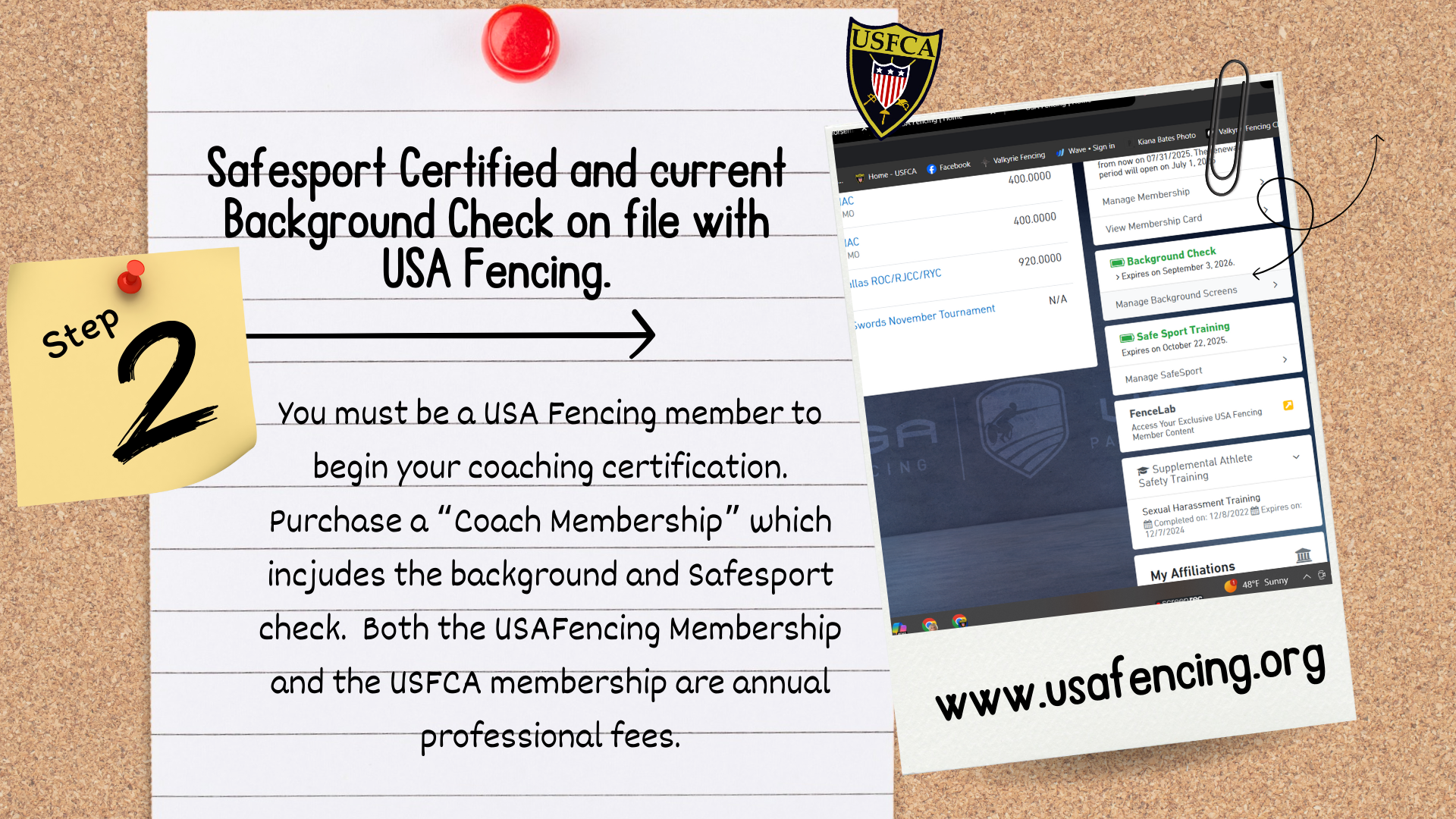 Second step is to get your current background check filed with USFCA and get your Safesport certification.